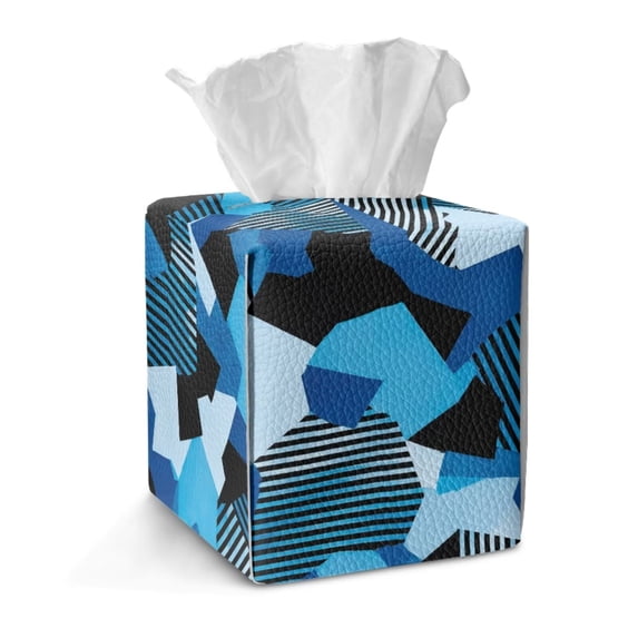 FKELYI Art Blue Geometric Print Tissue Box Cover Snap Button Design Tissue Box Holder Facial Paper Organizer Holder PU Leather Home Bathroom Office Decor