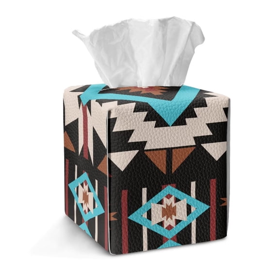FKELYI Art Geometric Print Squared Tissue Box Cover Tissue Holder Organizer Snap Button Design Facial Paper Holder Cover Faux Leather Home Office Decor