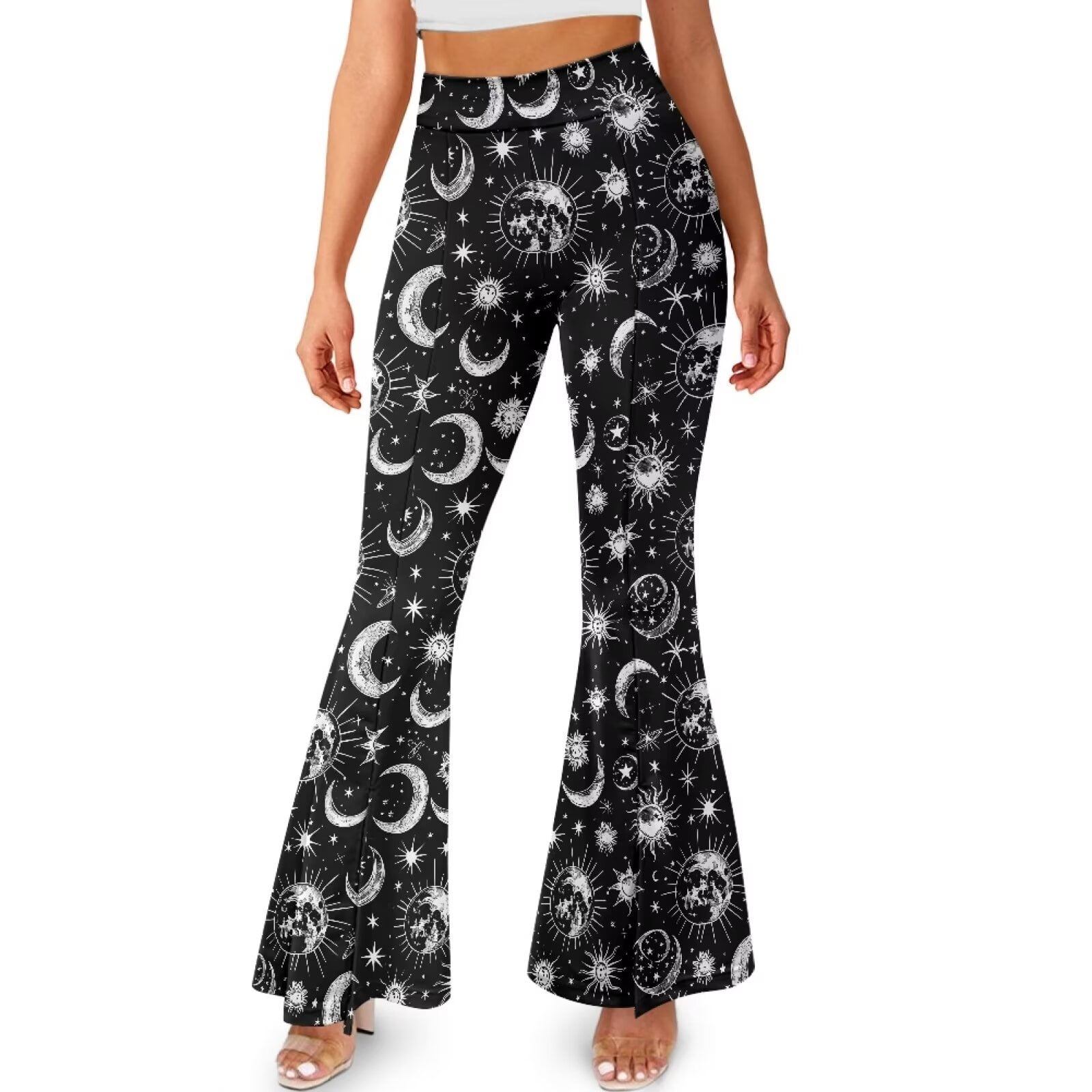 FKELYI Asterism Moon Star Print Flare Leggings Bell Bottom