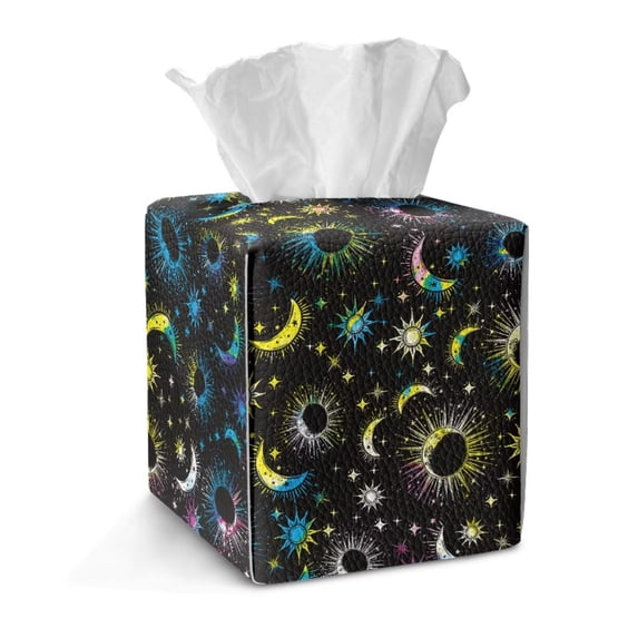 FKELYI Asterism Moon Star Print Tissue Box Cover PU Leather Tissue Holder Squared Facial Paper Organizer Holder for Home Bedroom Living Room Tabletop Decor