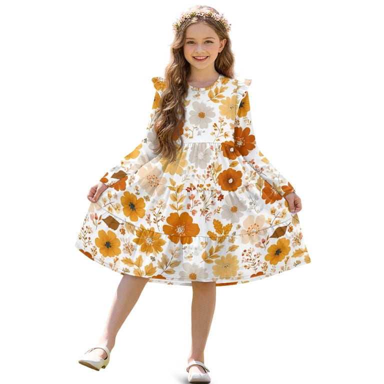 autumn patchwork dress a line FKELYI Flower Leaf Print Girls Long Sleeve Fall Ruffled Dress Crewneck Playwear Pleated Tiered Dresses for Party Birthday, 11-12 Y Size:XXS
