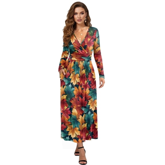 FKELYI Autumn Maple Leaf Print Fall Maxi Dress for Women Long Sleeve V Neck Wedding Guest Dresses Flowy A-Line Elegant Dress with Pockets for SSpring, XL