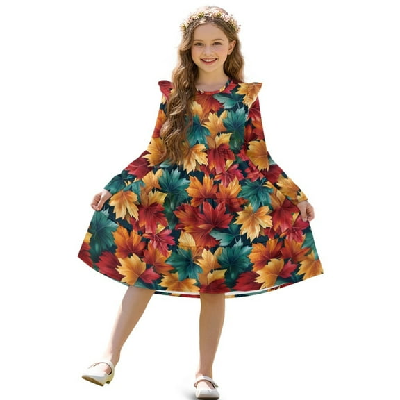 FKELYI Autumn Maple Leaf Print Long Sleeve Dress for Girls Tiered Swing Pleated Twirly Dress for Spring Fall Pactchwork Sundress A-Line Flowy Casual Dresses, 11-12 Y