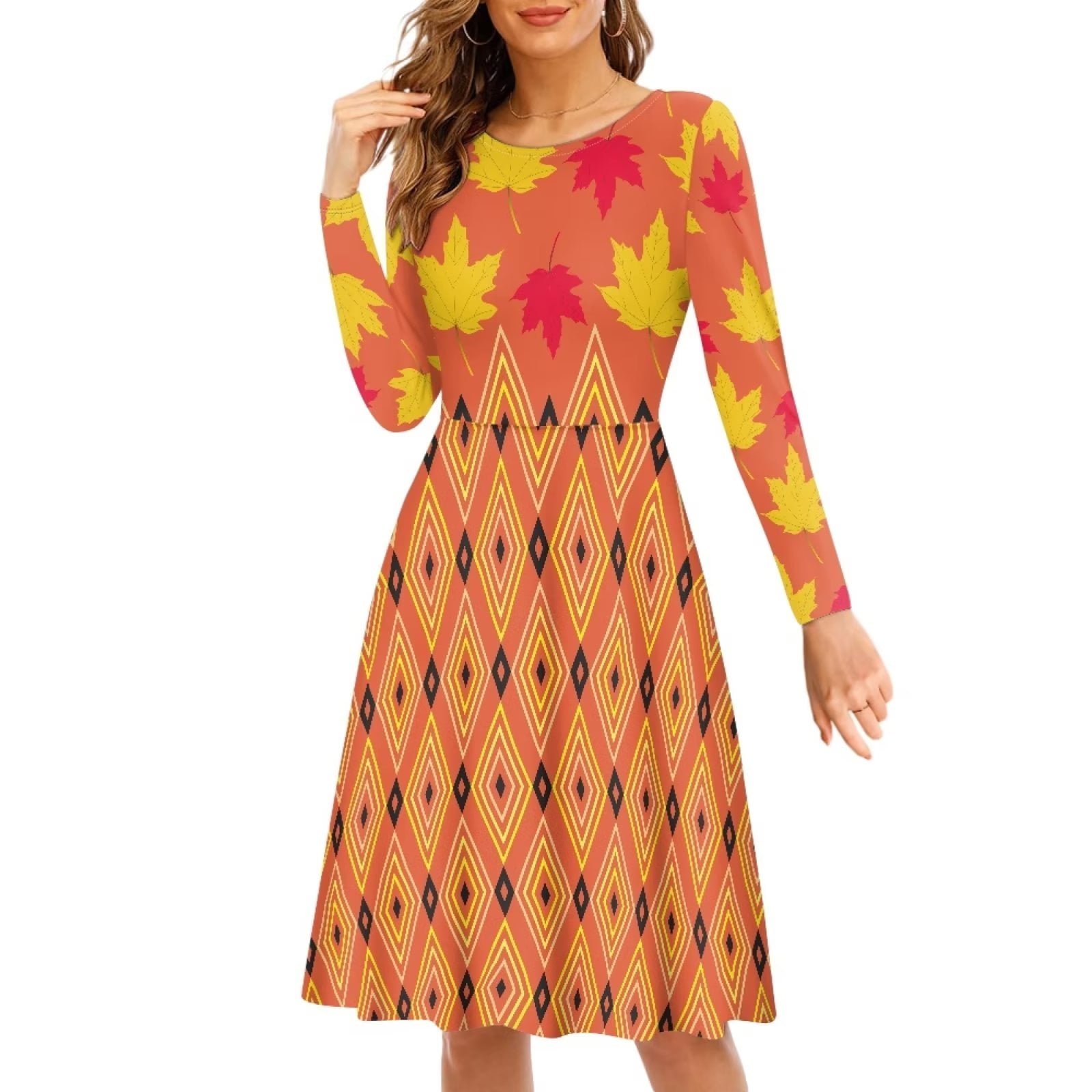 Maple Leaf Print Deep V-Neck Ruffle Long Dress main image 1