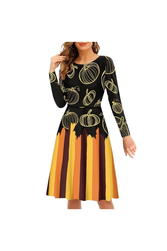 Autumn Stripes Women Dresses Size 4XL Leisure Women's Long Sleeve Dresses for Fall Comfortable Thanksgiving Pumpkins Women Long Sleeve Dresses Formal