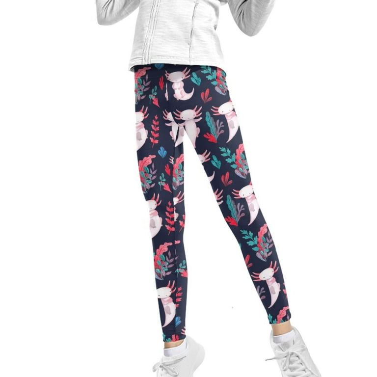 FKELYI Axolotl and Leaf Girls Leggings Size 6-7 Years Comfortable Hiking  Yoga Pants High Waisted Straight Leg Lightweight Travel Youth Kids Tights