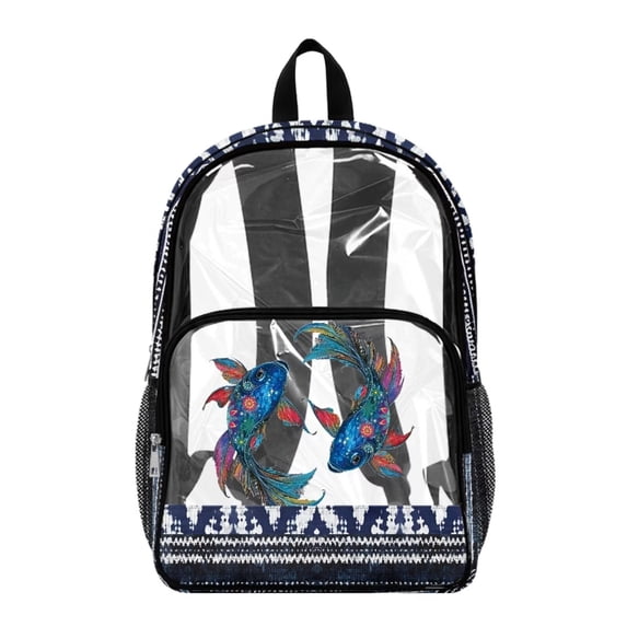 FKELYI Aztec Fish Print 17 Inch Clear Backpack for Boys & Girls, Kids Backpack See Through Schoolbag Spacious Bookbag Travel Bags for Elementary Student