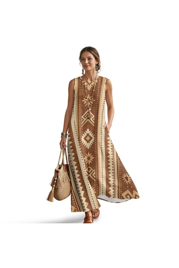 Aztec Geometric Print Womens Summer Maxi Dress Linen-Like Tank Dress Crew Neck Sundress Soft Flowy Long Beach Dress with Pockets for Vacation Cruise, 3XL