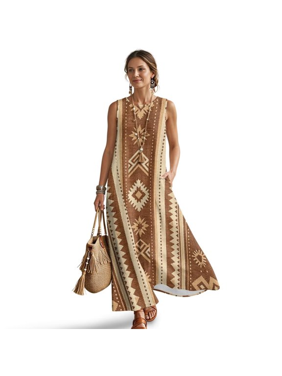 Aztec Geometric Print Womens Summer Maxi Dress Linen-Like Tank Dress Crew Neck Sundress Soft Flowy Long Beach Dress with Pockets for Vacation Cruise, XL