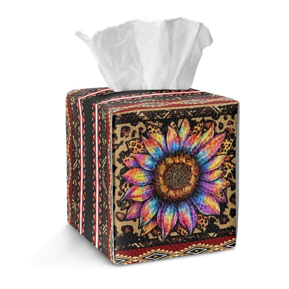 FKELYI Aztec Geometric Sunflower Print Tissue Box Cover Square PU Leather Tissue Box Holder Facial Paper Organizer Holder for Home Bathroom Office Tabletop Decor