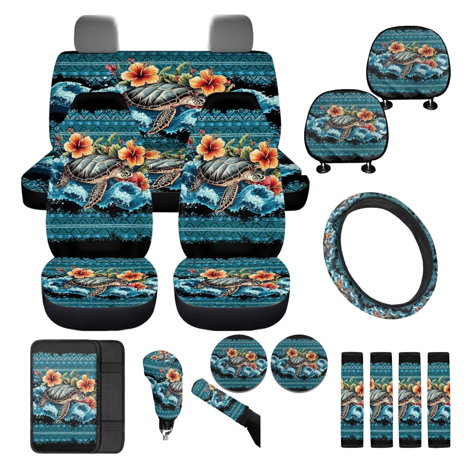 FKELYI Aztec Hibiscus Flower Turtle Print Car Seat Covers Full Set with Steering Wheel Cover Seat Belt Covers Headrest Covers Auto Center Console Pad Gear Shift Knob Sleeve Cup Coasters, 16 Pcs