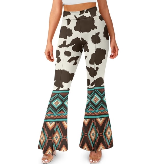 FKELYI Aztec Tribal Cow Print Yoga Leggings with Flowy Wide Leg Breathable Yoga Pants for Women Teen Girls Running Hiking Tummy Control Sweatpants Bell Bottom Pants, 2XL