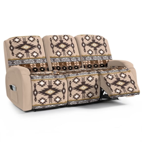 FKELYI Aztec Tribal Geometric Print Stretchable Recliner Couch Cover for 3 Seater Sofa Covers Washable Furniture Protector Slipcovers 8 Pcs Set Non-Slip Home Decor