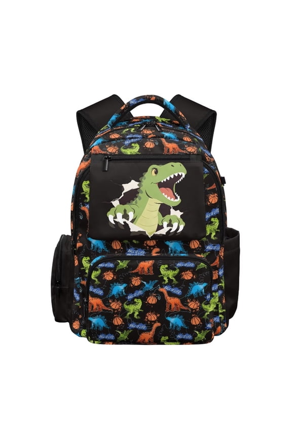Basketball Dinosaur Print 17 Inch School Backpack for Kids Schoolbag Primary School Daypack with Multi-Pockets Spacious Rucksack Bookbag for Children Knapsack