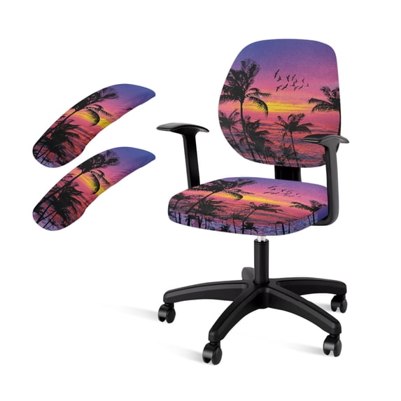 FKELYI Beach Palm Tree Print Office Chair Cover with Armrest Covers Anti-Dust High Back Office Desk Chair Slipcovers for Office Home Decoration, 4 Pcs Set
