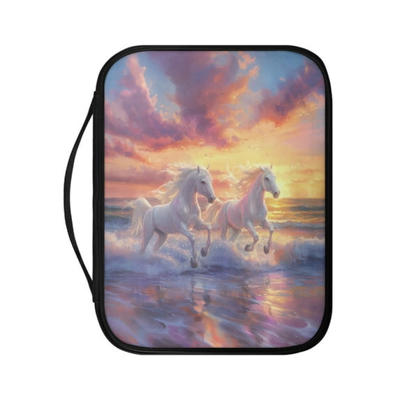 FKELYI Beach Running Horse Print Faux Leather Bible Cover Book Carrying Case Large Capacity Church Bible Bag with Zipper Pocket Book Carrier Scriipture Protector for Prayer
