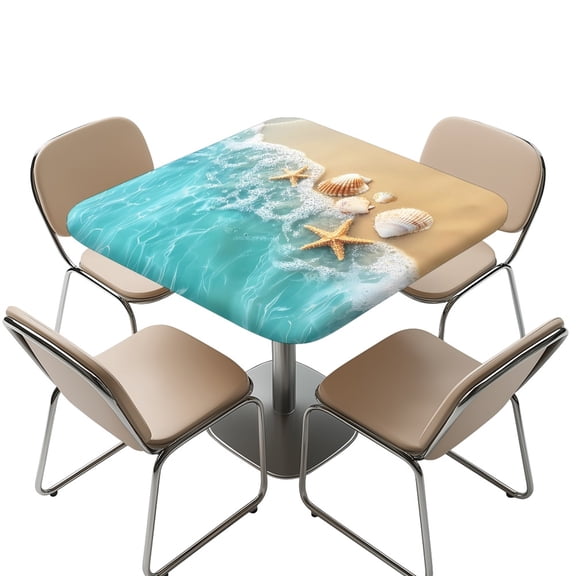 FKELYI Beach Sea Shell Starfish Print Square Fitted Table Cover with Elastic Edge Tablecloth Stretch Fabric Card Tables Top Cover for Dining Kitchen Home Party, 36x36 inch