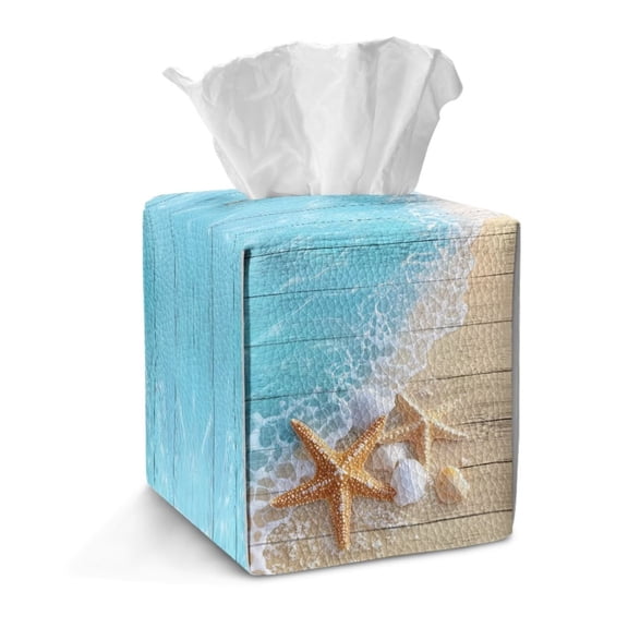 FKELYI Beach Sea Shell Starfish Print Tissue Box Cover Squared PU Leather Tissue Holder Organizer with Button for Bathroom Kitchen Home Office Accessories