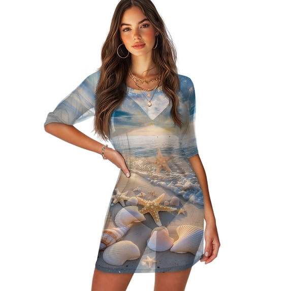 FKELYI Beach Sea Shell Starfish Print Women's Swimwear Cover Ups Breathable Bikini Suit Cover-Up with Half Sleeve Sheer Fabric Beachwear Dress for Lady Summer Vacation Outfits, 2XL
