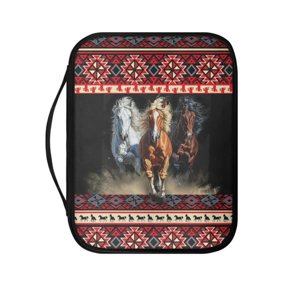 FKELYI Bible Cover Faux Leather Book Cover with Handle Zippered Bible Case American Tribal Running Horse Print Church Bible Bag Scripture Protector for Prayer Outdoor Study