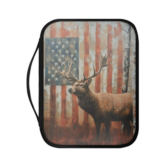 FKELYI Bible Cover with Handle Faux Leather Bible Case Book Cover with Zipper Pocket for Prayer Study Grunge American Flag Elk Print Christian Bag Book Organzoer Holder