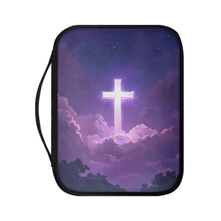 FKELYI Bible Cover with Handle Faux Leather Bible Case Book Cover with Zipper Pocket for Prayer Study Purple Cross Starry Print Christian Bag Book Organzoer Holder