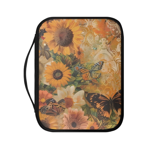 FKELYI Bible Cover with Handle Faux Leather Bible Case Book Cover with Zipper Pocket for Prayer Study Retro Sunflower Butterfly Print Christian Bag Book Organzoer Holder