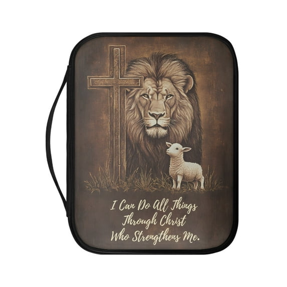 FKELYI Bible Cover with Handle Faux Leather Bible Case Brown Lion Lanb Cross Print Book Cover with Zipper Pocket for Prayer Study Christian Bag Book Organzoer Holder