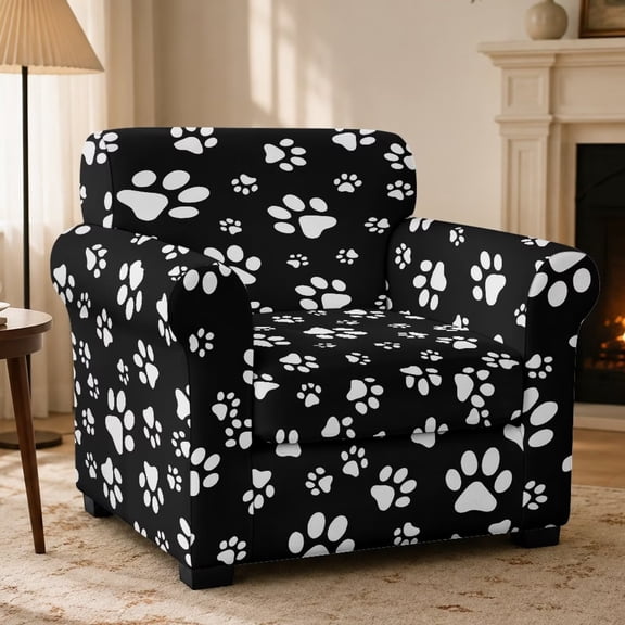 FKELYI Black Dog Paw Print Stretchable Armchair Slipcover 2 Pcs Couch Covers Anti-Dust Furniture Protector Washable Spandex Sofa Cover with Individual Cushion Cover