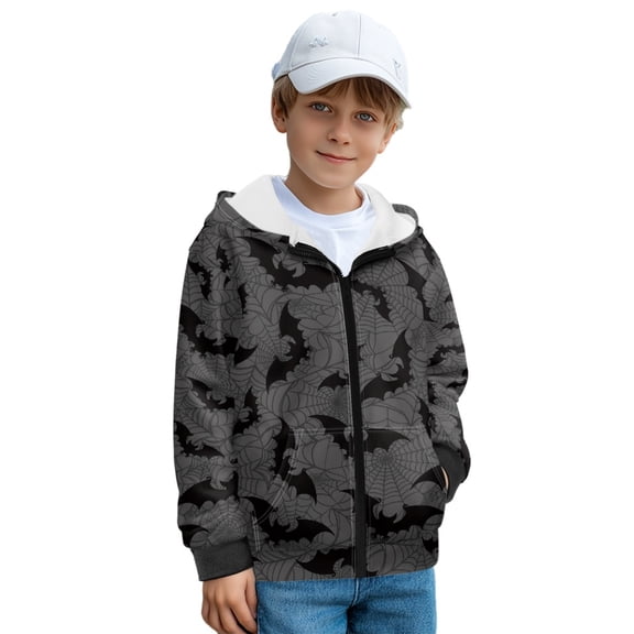 FKELYI Black Grey Bat Print Zipper Front Hoodies for Boys Hooded Sweatshirt Kids Fleece Jacket with Pockets Fall Top Winter Clothes Boys Streetwear, S