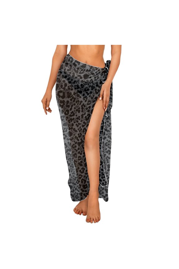 Black Grey Leopard Print Women Sarong Soft Swimsuit Coverups for Summer Chiffon Long Bikini Wraps Semi-Sheer Beach Pareo Bathing Suit Cover Up Beach Dress