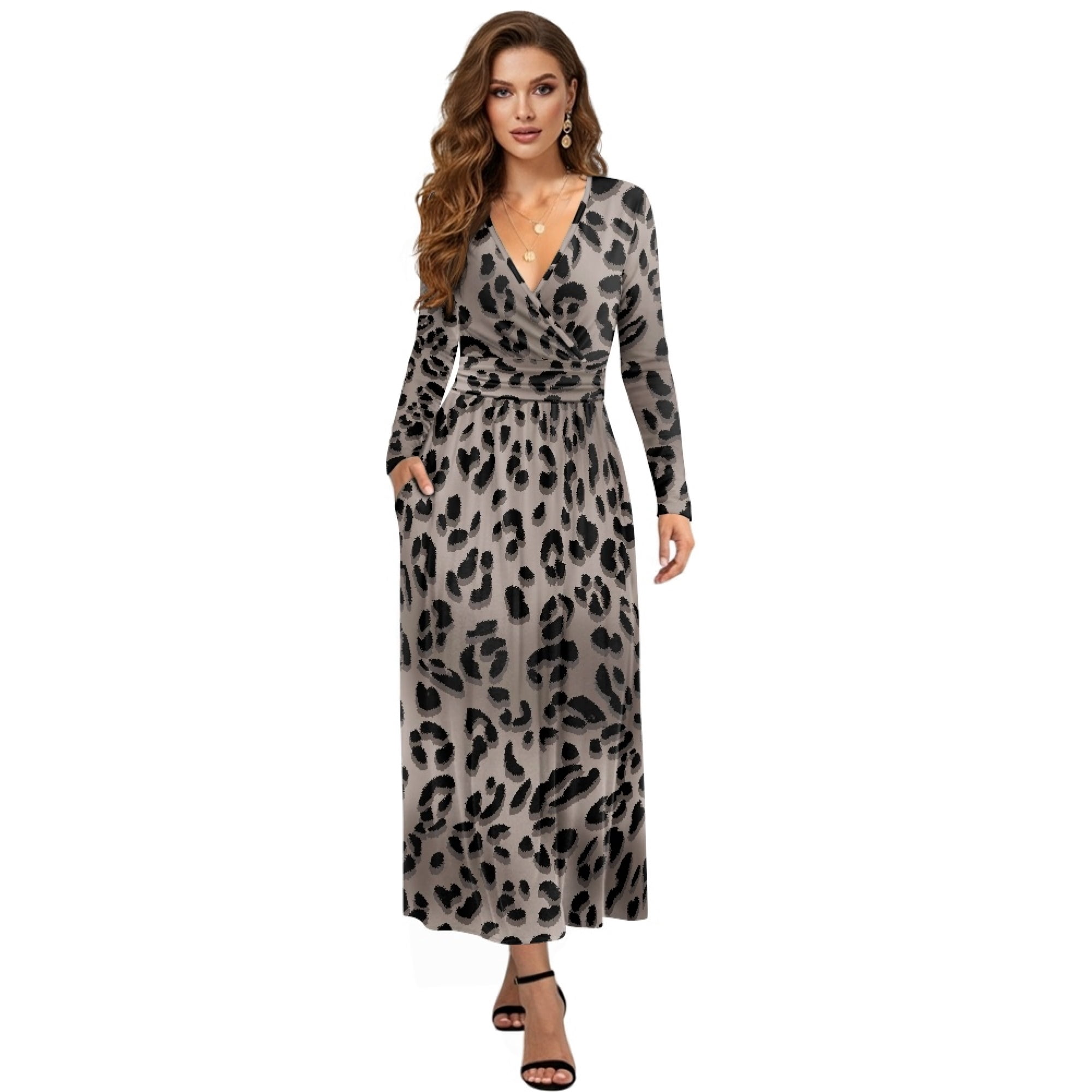 Fkelyi Black Leopard Print Fall Maxi Dress for Women Long Sleeve A-Line Flowy Dresses with Side Pockets V Neck Casual Dress for Spring Winter, 2XL,
