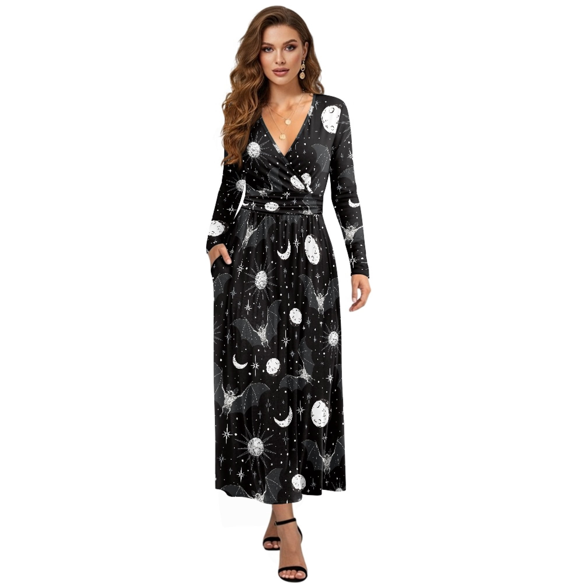 patpat bat dress All Over Dots Pink Cross Wrap V Neck Ruffle Flutter-sleeve Dress for M 18 bust Flock Of Bats Purple Wrap
