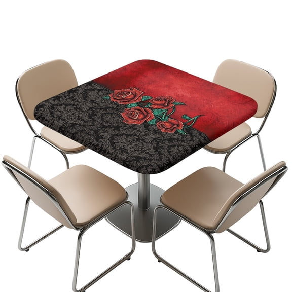 FKELYI Black Red Retro Rose Flower Print Square Fitted Tablecloth Polyester Table Covers with Elastic Edge Anti-Dust Decor Table Cloth for Holiday Party Banquet Dinner, 34x34 inch