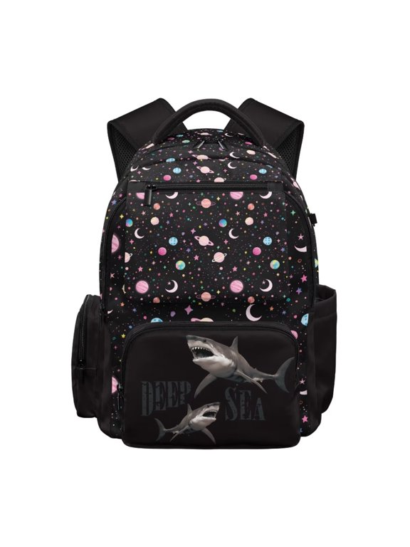 Black Shark Moon Star Print 17 Inch School Backpack for Kids Schoolbag Primary School Daypack with Multi-Pockets Spacious Rucksack Bookbag for Boys Girls Knapsack