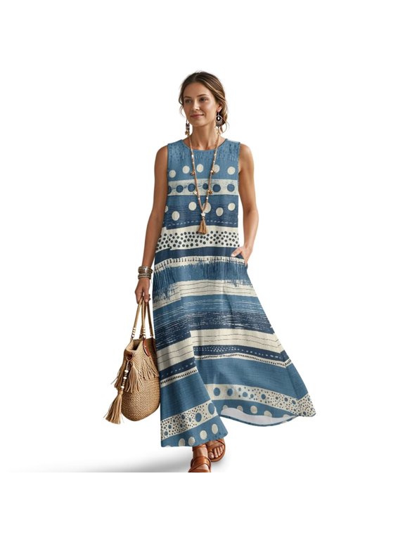 Blue Aztec Polka Dot Print Womens Summer Maxi Dress Linen-Like Tank Dress Crew Neck Beach Dresses with Pockets Vacation Outfit Sundress for Ladies, 3XL