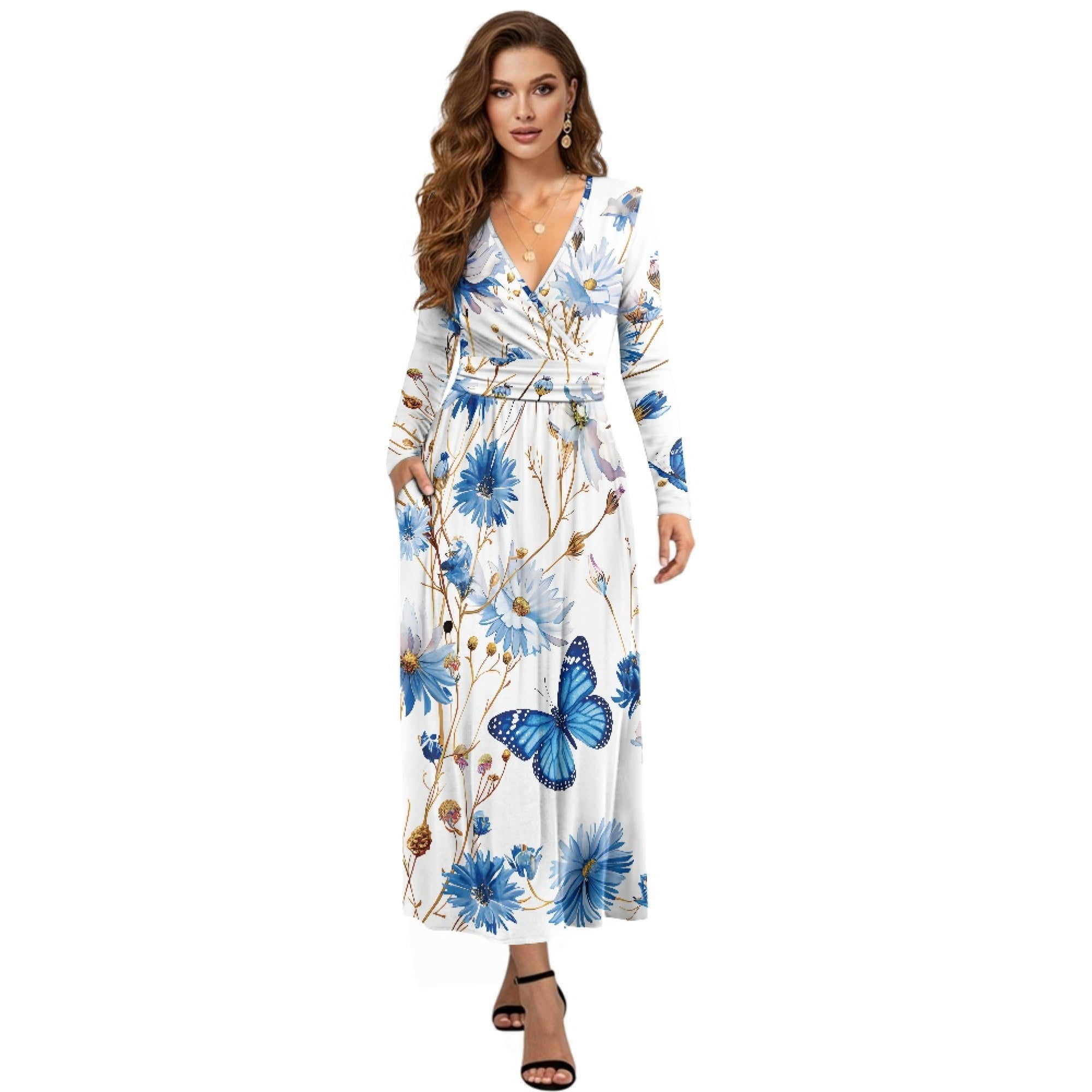 Fkelyi Blue Butterfly Flower Print Long Sleeve Maxi Dress for Women V-Neck Soft Casual Dress Flowy A-Line Dresses with Side Pockets for Party Wedding,