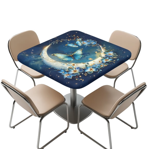 FKELYI Blue Butterfly Moon Floral Print Anti-Dust Tablecloth with Elastic Edge Square Fitted Table Cloths Washable Outdoor Folding Table Cover for Kitchen Decoration, 36x36 inch