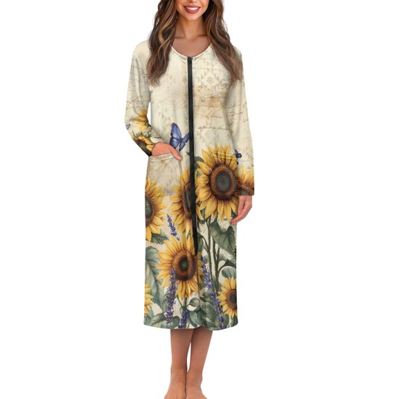 FKELYI Blue Butterfly Sunflower Print Women Zip Up Robe Nightgowns Comfy House Coats Full Length Sleepwear House Dress Long Sleeve Bathrobe with 2 Pockets, 2XL