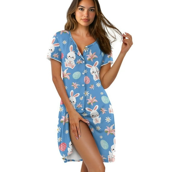 FKELYI Blue Egg Lily Floral Rabbit Print Nightgowns Sleepwear Dress for Women Crew Neck Sleep Dress Comfy Button Down Pajama Dress Short Sleeve Loungewear for Spring Summer, 3XL