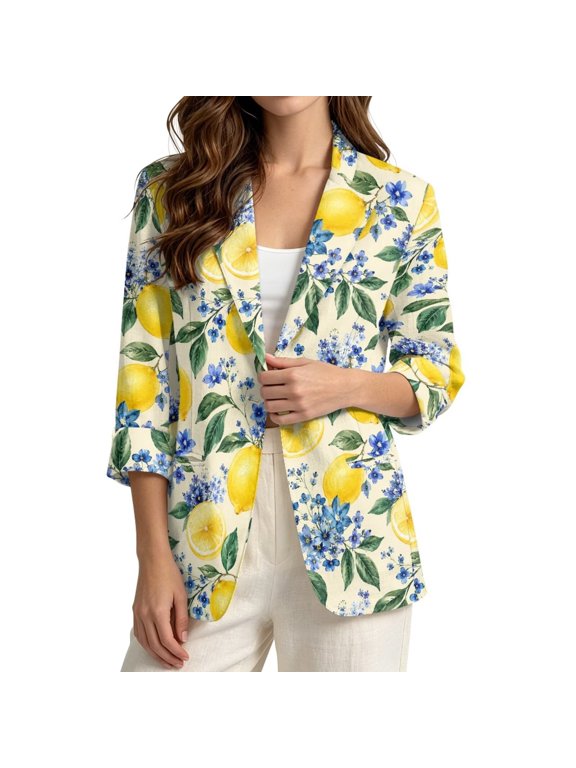 Blue Floral Lemon Print Faux Linen Blazer Jacket for Women Casual One Button Suit Jacket with Pockets Breathable Cardigan Coat for Spring Summer Fall, 3XL