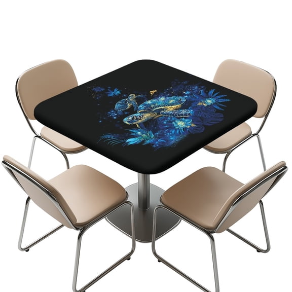 FKELYI Blue Floral Turtle Palm Leaf Print Waterproof Tablecloth Square Fitted Table Cover Stretchable Polyester Card Table Protector Covers Indoor Outdoor Decor, 34x34 inch