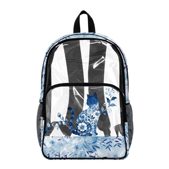 FKELYI Blue Flower Cat Print 17 Inch Clear Backpack Kids Backpack See Through Schoolbag Spacious Bookbag Travel Bags for Elementary Student Teens Girls