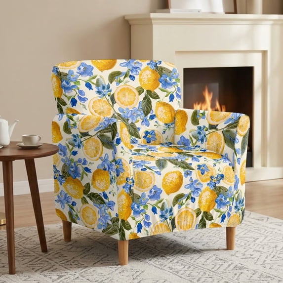 FKELYI Blue Flower Lemon Print Single Sofa Cover Stretch Armchair Slipcover Non-Slip Furniture Protector Washable Cover for Living Room Office Reception Sofa