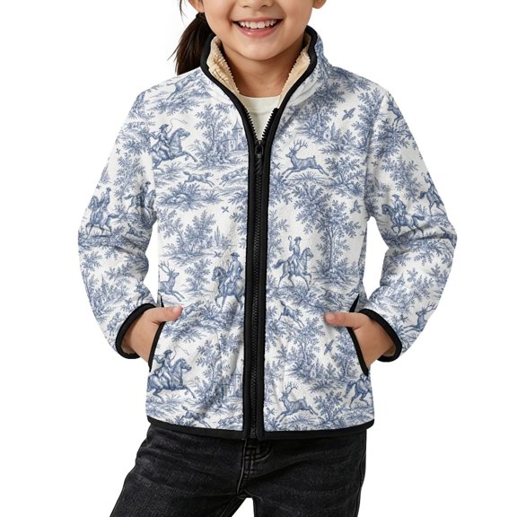 FKELYI Blue Forest Horse Print Kids Fleece Jacket Warm Coat, 3Y, Lightweight Faux Sherpa Lined Jacket, Windproof Stans-Up Collar, Warm Coat with Pockets, Autumn Winter Coat, Soft Layering