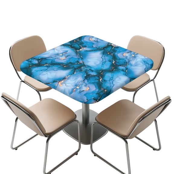FKELYI Blue Gold Marble Texture Print Tablecloth Square Fitted Table Cloths Dustproof Outdoor Folding Table Cover with Elastic Edge for Kitchen Decoration, 36x36 inch