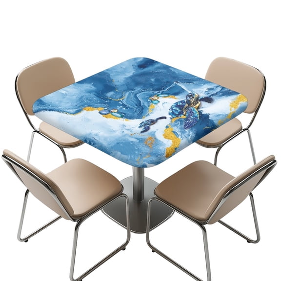 FKELYI Blue Gold Marble Texture Turtle Print Waterproof Tablecloth Square Fitted Table Cover Stretch Fabric Polyester Card Table Protector Covers Indoor Outdoor Decor, 36x36 inch