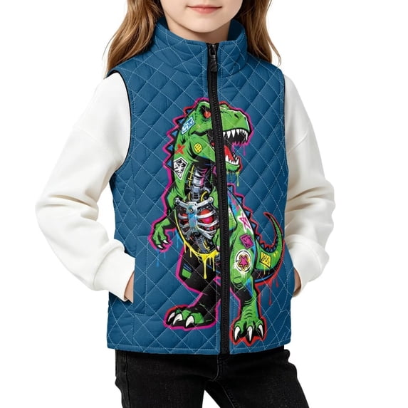 FKELYI Blue Green Dinosaur Print Boys Quilted Jacket Down Vest, 11-12Y, Full Zip, Sleeveless Jacket with Pocket, Lightweight Outerwear Coat, Quilted Down Layering, Water Resistant