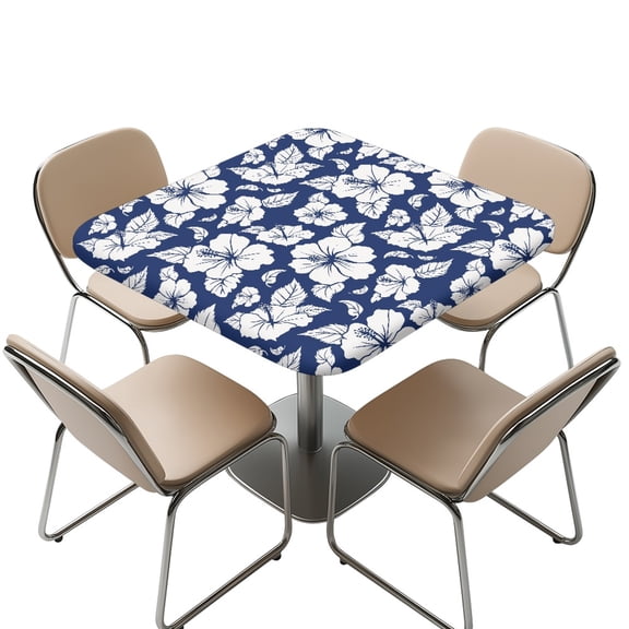 FKELYI Blue Hibiscus Floral Print Square Tablecloth Outdoor Table Cover with Elastic Edge Dustproof Square Fitted Table Cloths for Kitchen Dining Room Decoration, 36x36 inch