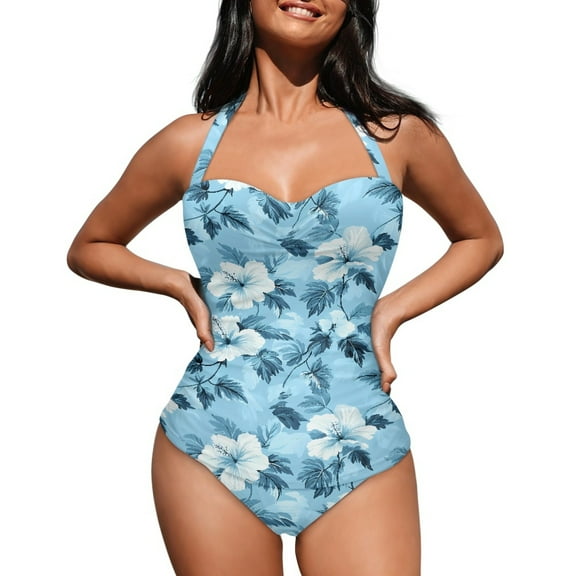 FKELYI Blue Hibiscus Flower Leaf Print Halter Swimwear for Women One Piece Swimsuit Tummy Control Bathing Suits with Soft Pad Cosy Monokini for Ladies Summer Swimming Surfing, L